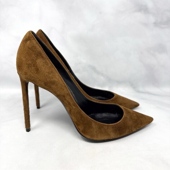 Saint Laurent Shoes - Saint Laurent Zoe 105 Suede Pointed Toe Stiletto Heel Pump Brown